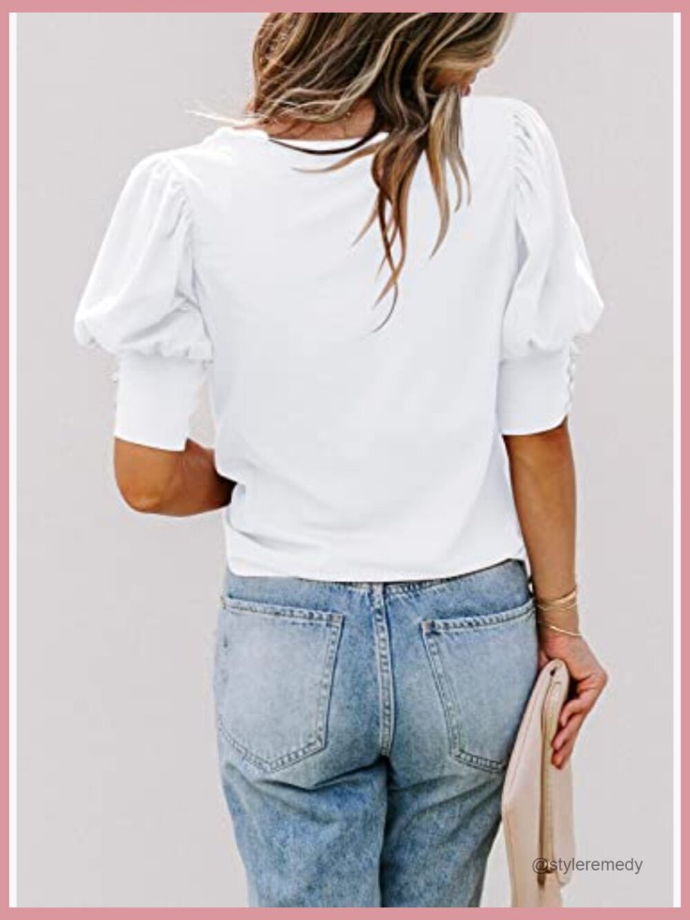 Puff Sleeve Blouse with Button Cuff, Rayon Polyester Spandex Blend - Picture 3 of 7